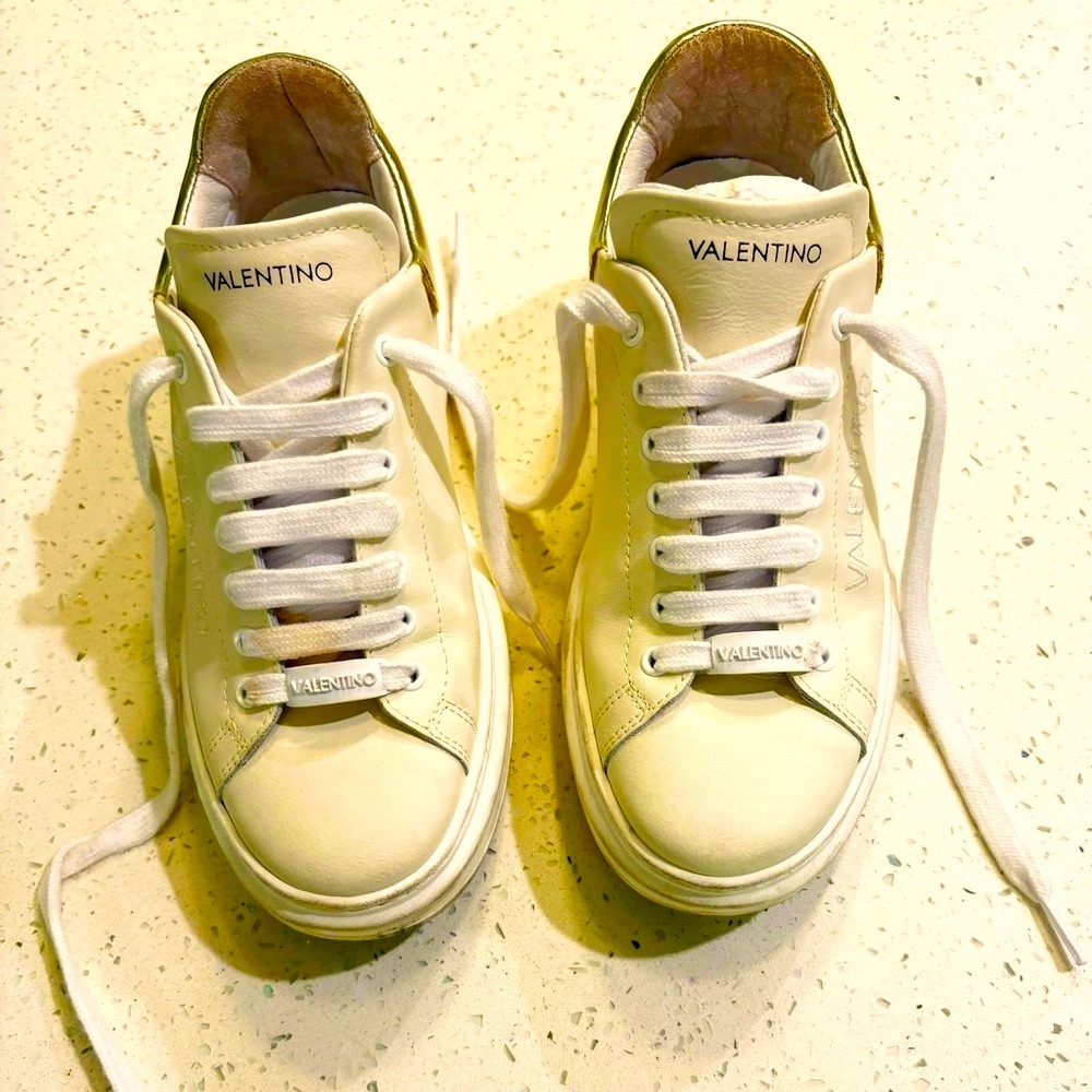 Valentino original Cream Leather Low-Top Sneakers with Gold Heel